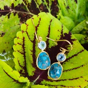 New! Genuine Blue Topaz & Copper Bezel Set Earrings